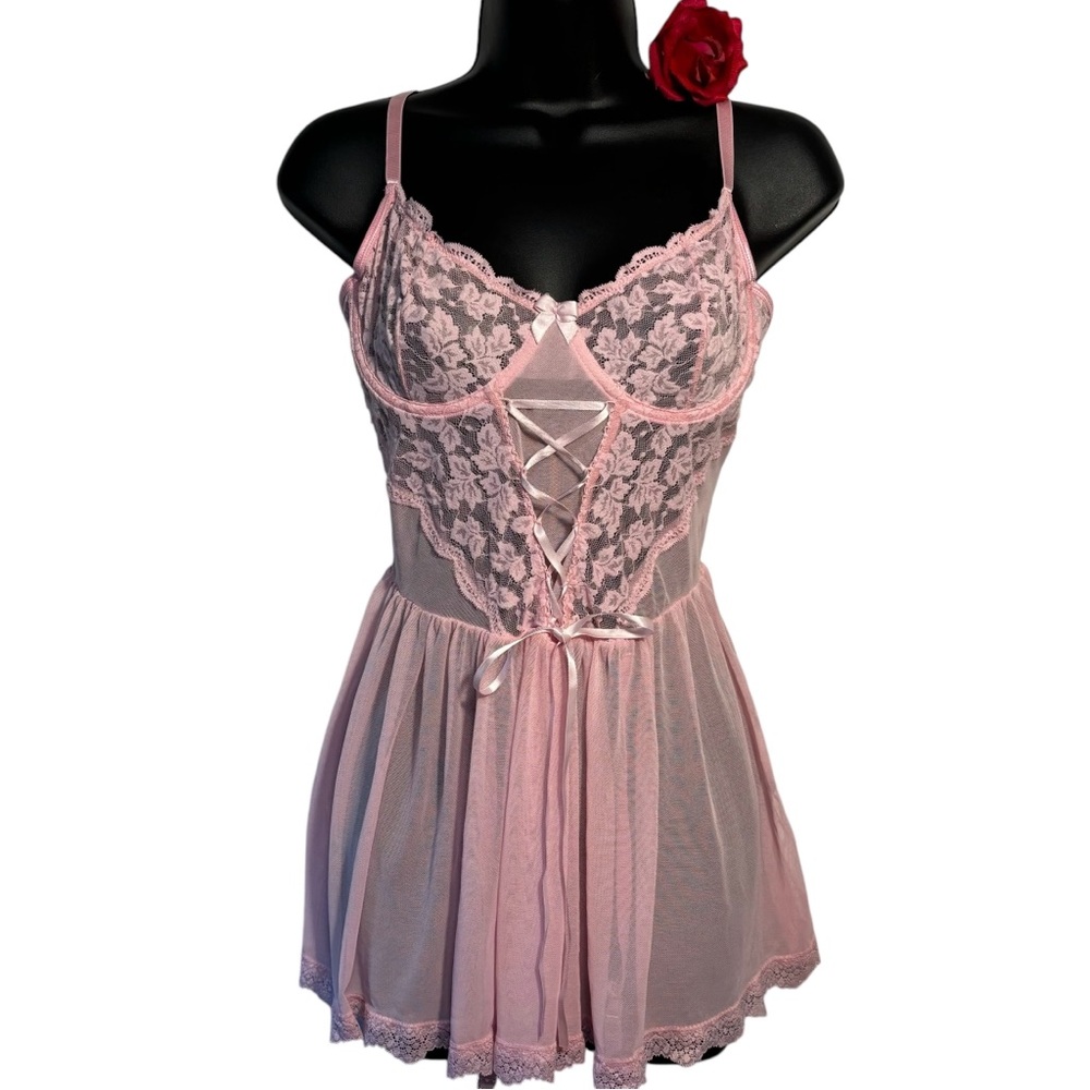 Baby doll lingerie fairy core pink lace underwire garters sexy Sleepwear laces